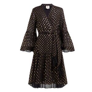 Figue Caroline Metallic Wrap Dress Black Gold Kimono Wide Sleeves Size Small
